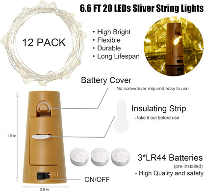 12 Packs 20 SmilingTown LEDs Wine Bottle Lights with Cork - Silver Wire Cork Lights Battery Operated Fairy Mini String