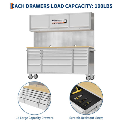 EliteEdge 72" Heavy-Duty Rolling Tool Chest & Workbench | 15-Drawer Mobile Tool Cabinet with 3 Top Lockers, Lockable Wheels & Key Lock | for Professional Garage & Workshop Storage