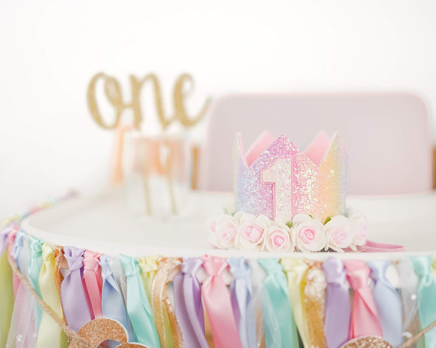 1st Set PapaKit Girls Birthday High Chair Premium Decoration - Pastel Rainbow Ribbon Garland, Crown, One Banner & Cake