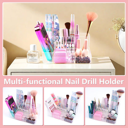 YINGJEE Nail Drill Holder & 28 Holes Nail Drill Bits Holder, Transparent Acrylic Nail Drill Machine Storage Box, Professional Nail Drill Organizer Case for Manicure tools
