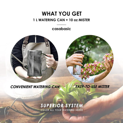 Watering Can Indoor, Small Watering Cans for House Plants, Succulents and Flowers, Long Spout, 1 Liter, with Bonus Plant Mister Spray Bottle
