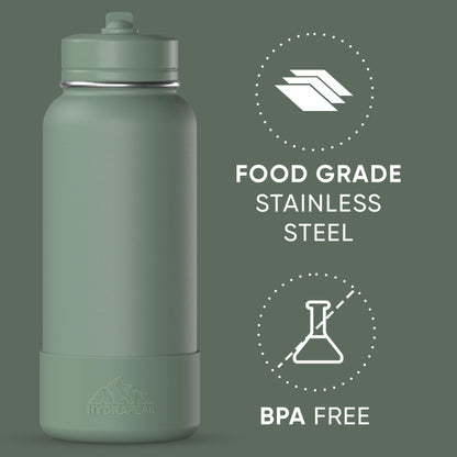 Hydrapeak 32oz Sport Insulated Water Bottle with Straw & Chug Lid, Leak & Spill Proof, Keeps Drinks Cold for 24 Hours, Hot for 12 Hours, Premium Stainless Steel Water Bottles (32oz, Sage Leaf)