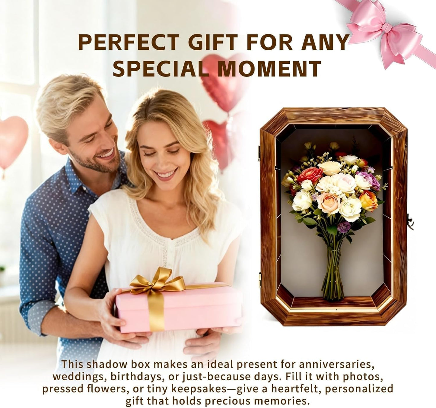 AMZWKT Shadow Box Frame, 10x16 Carbonized Brown Display Case with Linen Back & Detachable Shelves for Wedding Bouquet, Photos, Medals, Collectibles, Souvenirs & Home Wall Decor