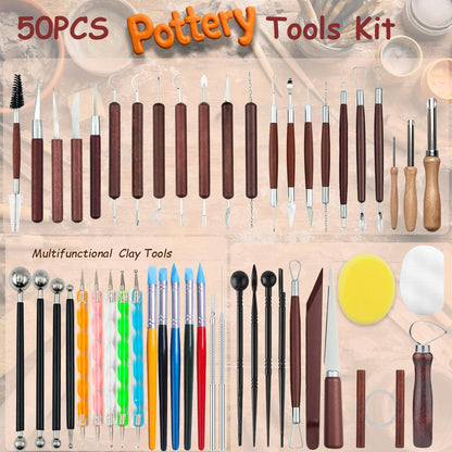 OMTRS 50PCS Clay Sculpting Tools Kit with Storage Bag, Pottery Sculpting Tools for Adult Beginners, Clay Modeling Tool Carving Kit for Pottery, Dotting, Molding, Shaping, Detailing (Redwood)
