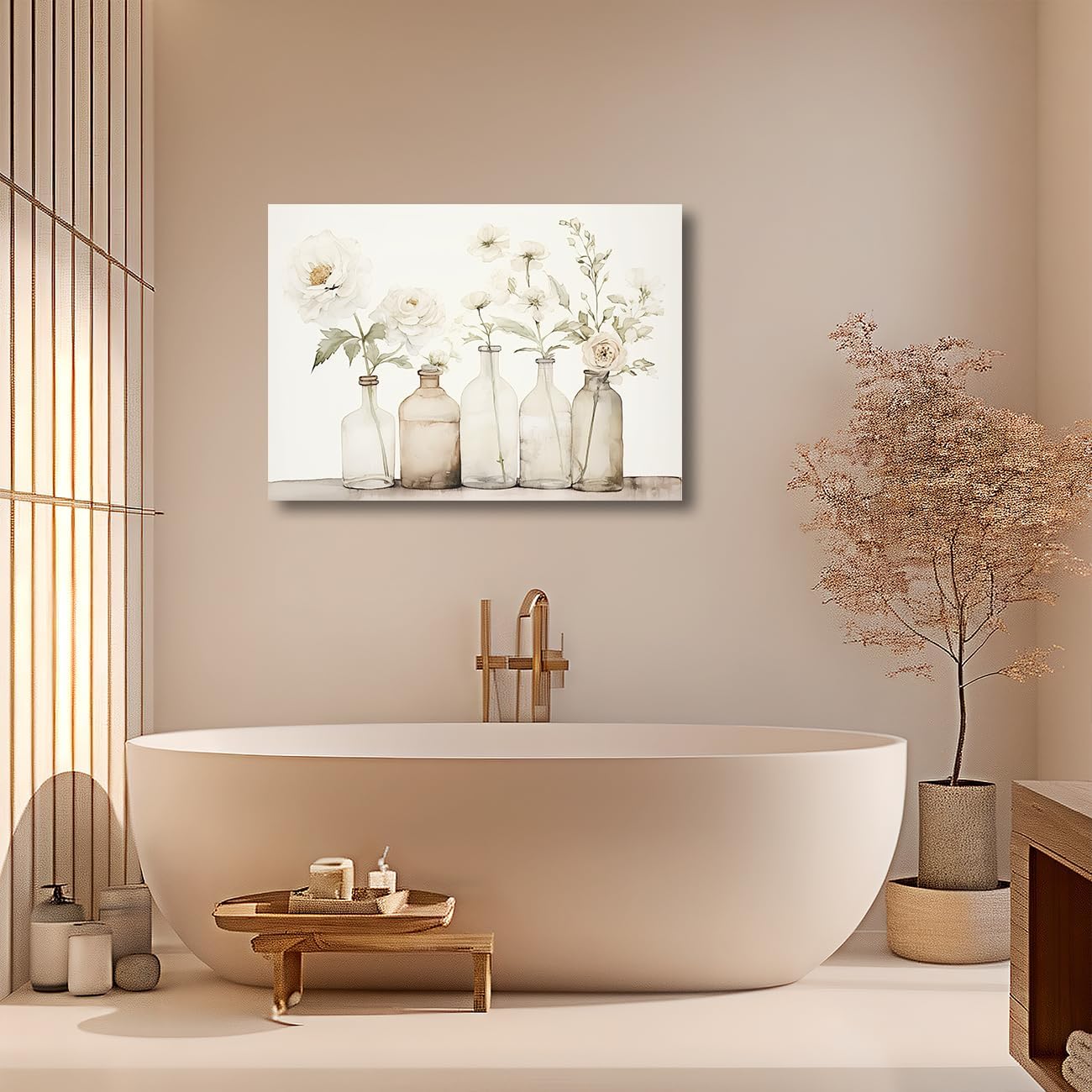 LZIMU Bathroom Picture Wall Decor, Flowers in Bottle Canvas Prints, Rustic Floral Painting Framed (B, 12"x18")