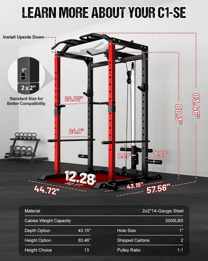 Goimu C1-V4 Power Cage, 2000LBS Squat Rack with LAT Pulldown, Multi-Function Weight Cage Strength Training Machine, Workout Cage with More Attachments for Home Gym Garage (C1-SE RD)