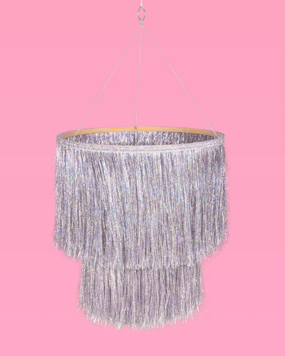16" xo, Fetti Fringe Tinsel Chandelier - Iridescent Silver Foil, | Bachelorette Party Decorations, Birthday Photo Booth