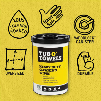 Tub O Towels TW90 Heavy-Duty 10" x 12" Size Multi-Surface Cleaning Wipes, 90 Count Per Canister 3 Pack