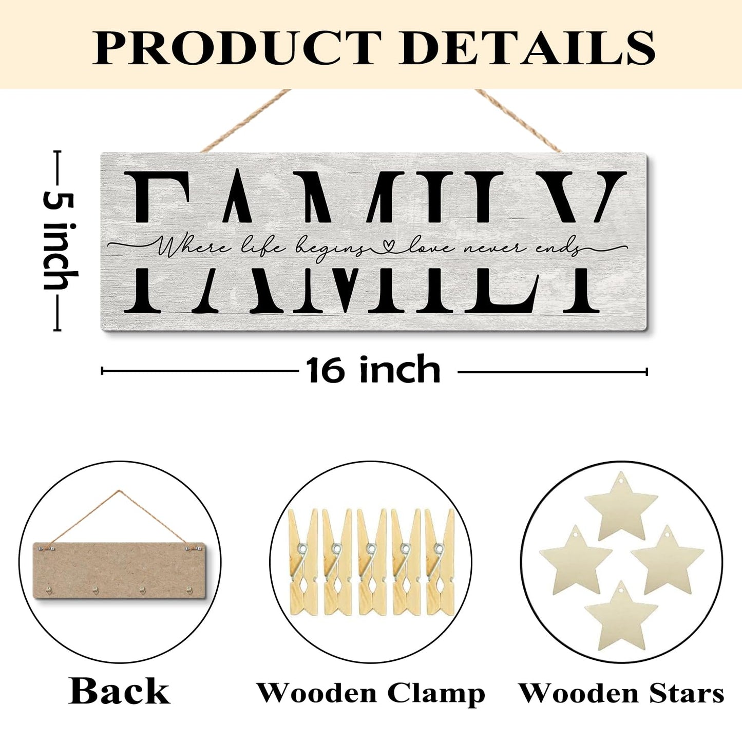 NaZaUK Family Picture Frames Collage Photo Hanging Display, Picture Board Wood Rustic Frames, Hanging Photo Display with Clips, Home Bedroom Wall Decor, Family Where Life Begins and Love Never Ends