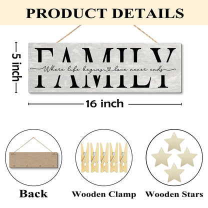 NaZaUK Family Picture Frames Collage Photo Hanging Display, Picture Board Wood Rustic Frames, Hanging Photo Display with Clips, Home Bedroom Wall Decor, Family Where Life Begins and Love Never Ends