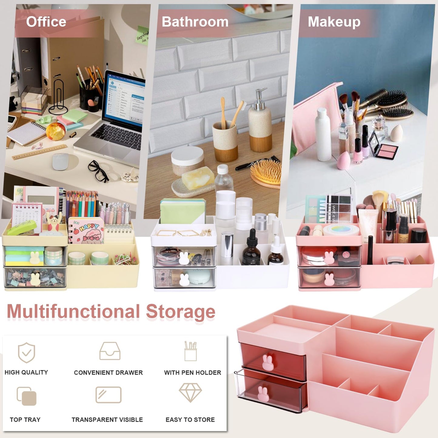 Meiikun Desk Organizer, Makeup Organizer with 2 Drawers, 7 Compartment & a Top Tray, Desktop Organizers and Storage for Women, Cute Home organization Bathroom, 11" x 5.7" x 4.7" (Pink)