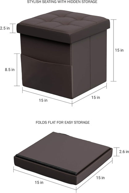 Lavish Home Foldable Storage Cube Ottoman with Pocket Tufted Faux Leather Footrest Organizer for Bedroom, Living Room