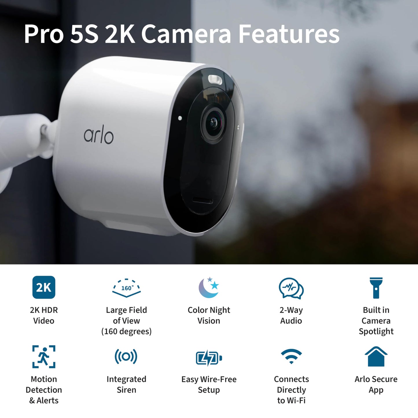 Arlo Pro 5S Spotlight Security Camera 2K HDR | Outdoor | Wireless | Dual-Band Wi-Fi Connects to Strongest Network |12X Zoom, 2-Way Audio, Siren, Color Night Vision,Live Stream(White, 4 Cameras)