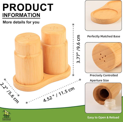 Salt and Pepper Shakers Set with Base Rack, Bamboo Wooden Shaker for Kitchen Counter or Table, Farmhouse Decorations