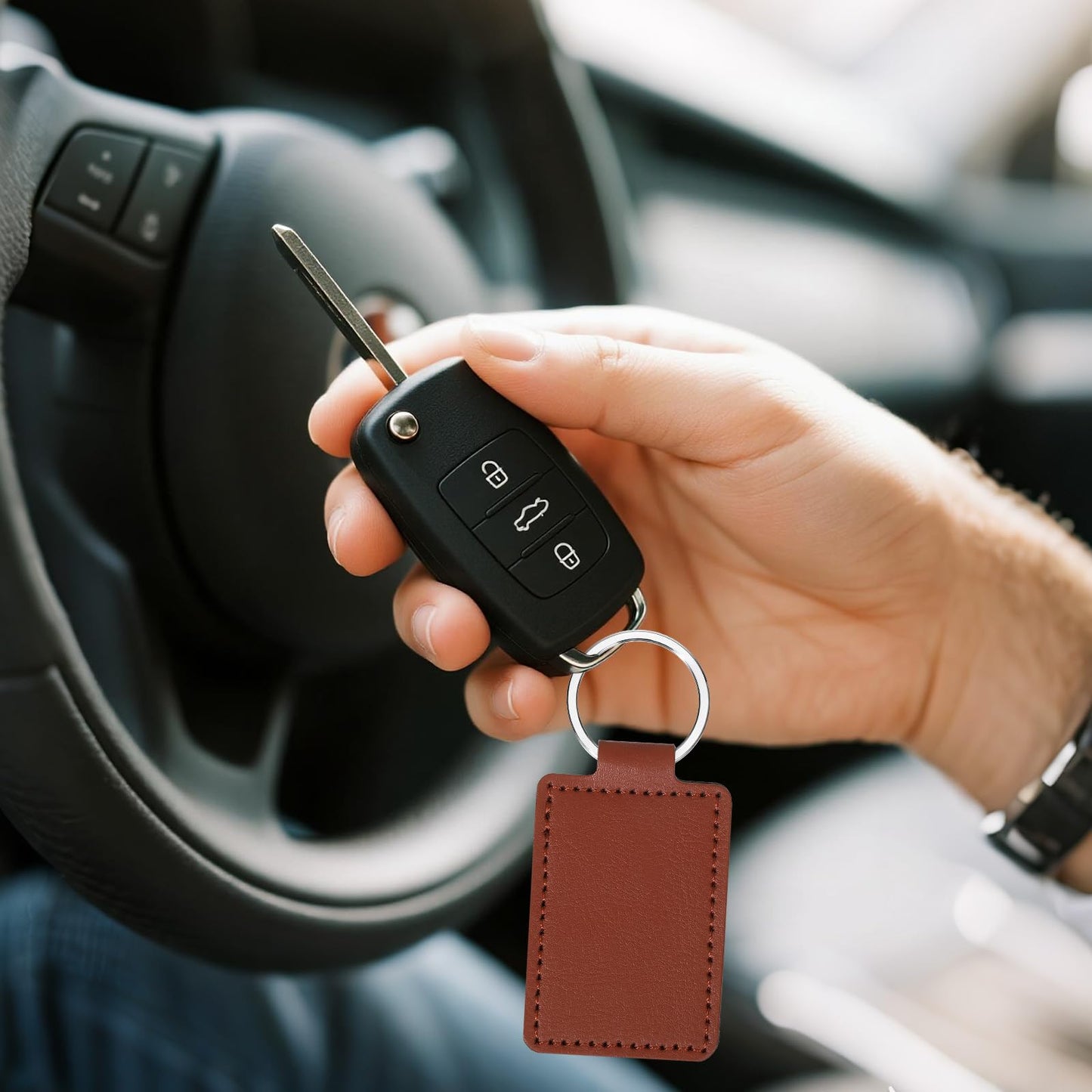 Qianyu 50 Pcs Leather Key Fob Kit PU Blanks with Rivets Key Ring Rectangular Leather Car Keychain Laser Engraving Keychain Universal Keys Chain Holder for Craft Making Stamping DIY Working