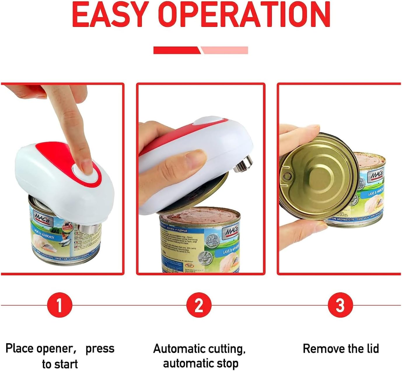 Electric Can Opener, Battery Operated for Seniors, Automatic One Touch Opener for Kitchen, Red with White