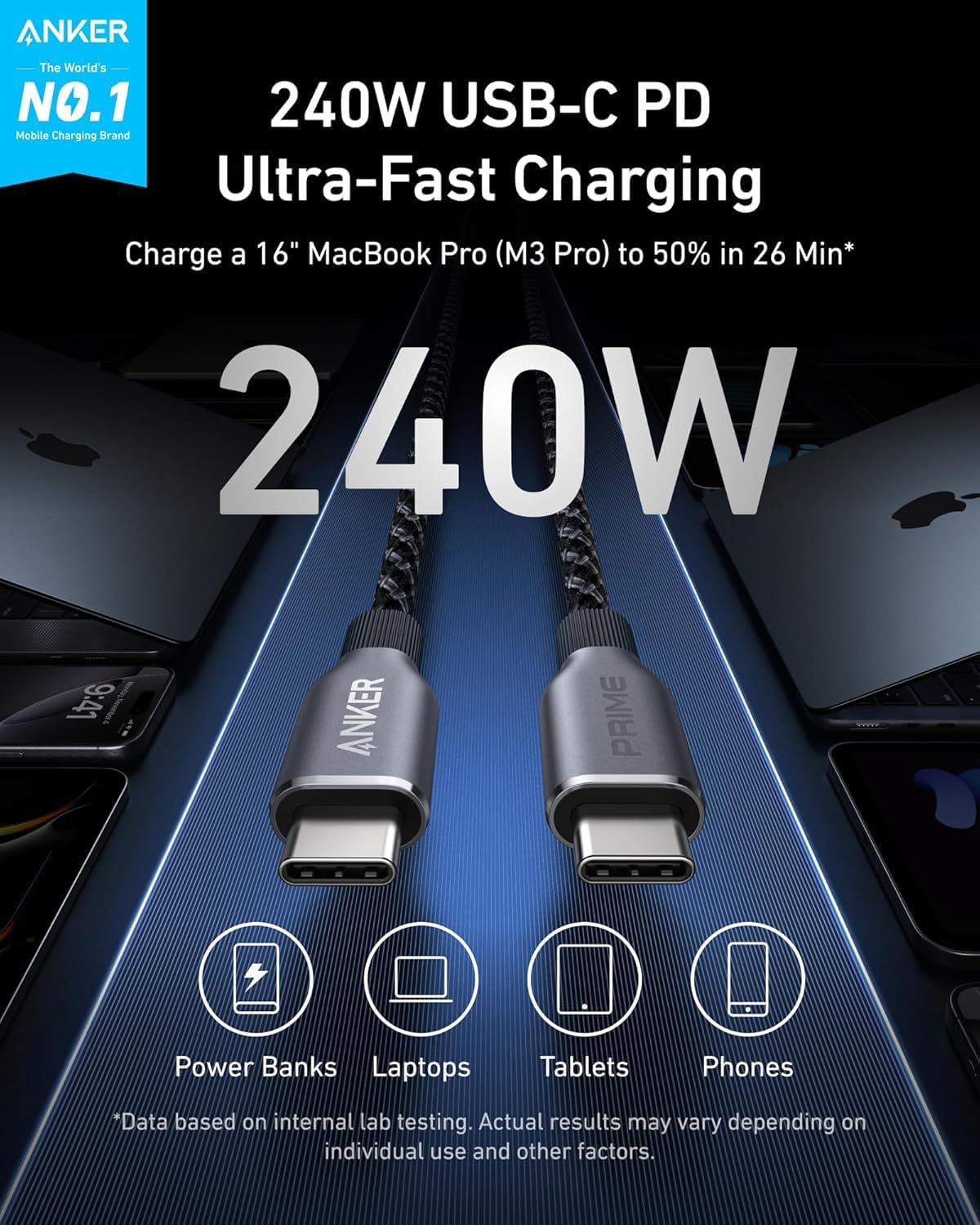 Anker Prime USB C to USB C Cable, 240W Fast Charging Cord, Upcycled-Braided Nylon with 100-Year Bend Durability for iPhone 17 Series, MacBook, Galaxy S24(6 FT)