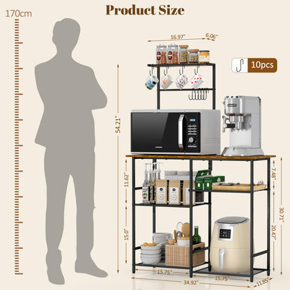 3IngSeagulls Baker's Rack for Kitchen with Storage, Microwave Stand with Adjustable Shelves and 10 S Hooks, 6-Tier Coffee Bar Station, Kitchen Shelves for Spices, Pots, Rustic Brown