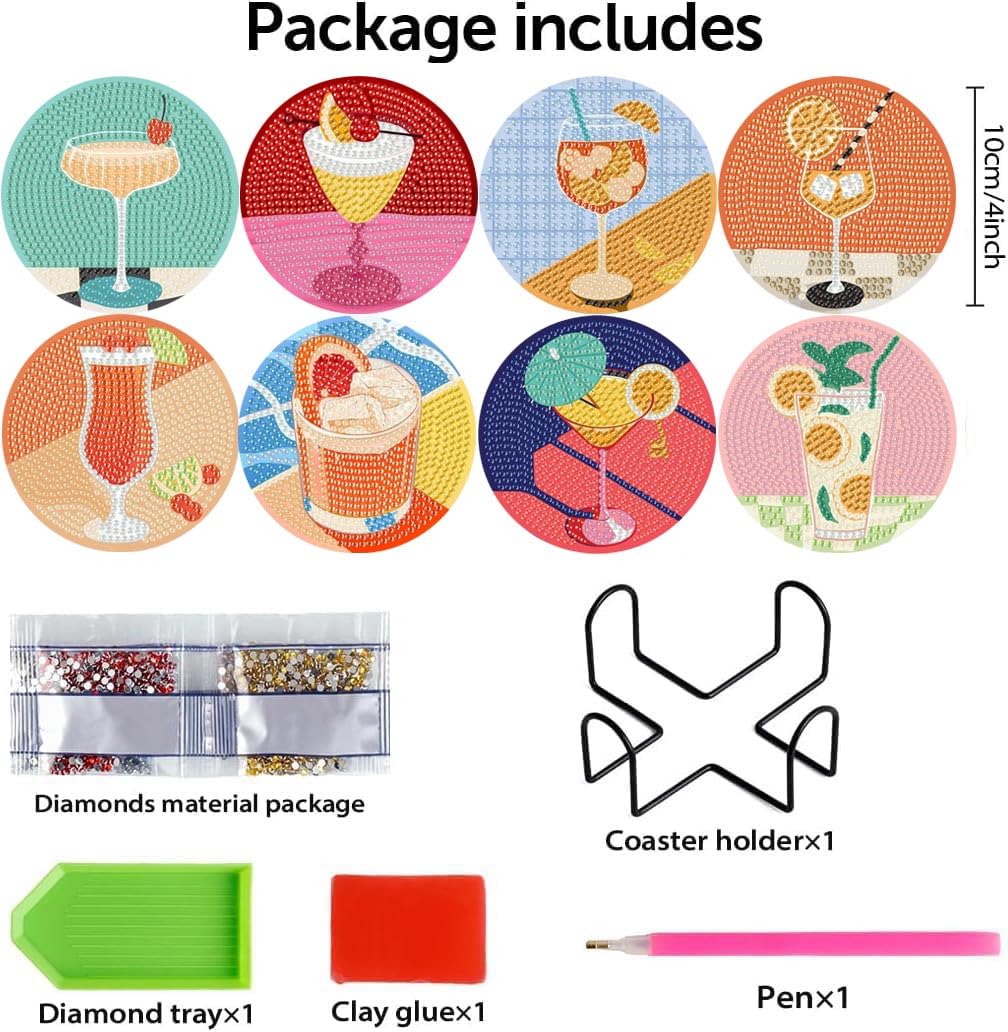 CAMOYAI 8 pcs Diamond Art Coasters Kits with Holder, DIY 5D Retro Cocktail Diamond Painting Coasters,Diamond Art Kits for Adults Beginners