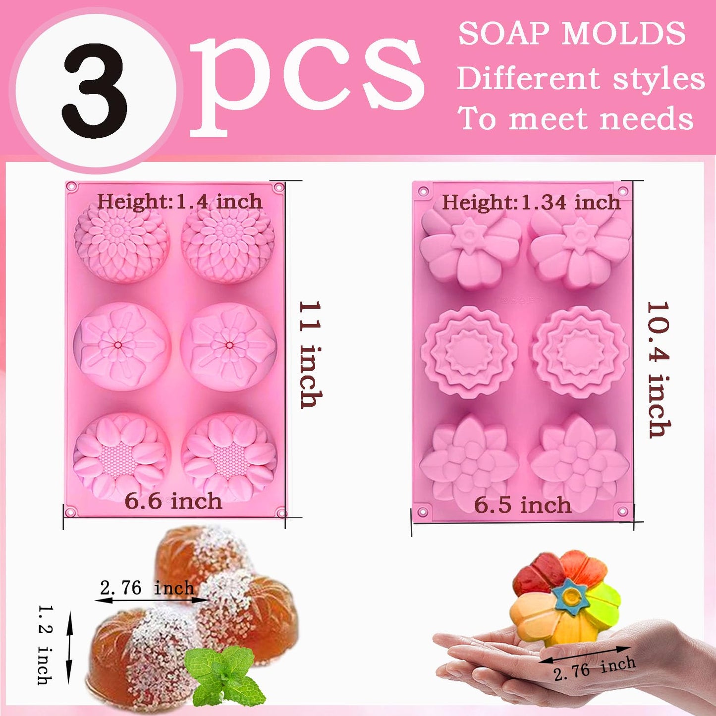 3 Pack Silicone Soap Molds,Flowers Soap Mold for Soap Making,Great for Handmade Soaps,Lotion Bars,Biscuit,Chocolate,Moon Cake