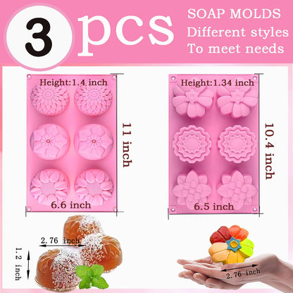 3 Pack Silicone Soap Molds,Flowers Soap Mold for Soap Making,Great for Handmade Soaps,Lotion Bars,Biscuit,Chocolate,Moon Cake