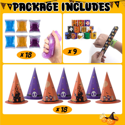 NAISEN 194PCS Halloween Party Favors For Kids, Witch Hat Shaped Halloween Goodie Bag Stuffers 18 Pack With Fun Slime Halloween Toys Bulk, Non Candy Treats for Kids Classroom Prizes