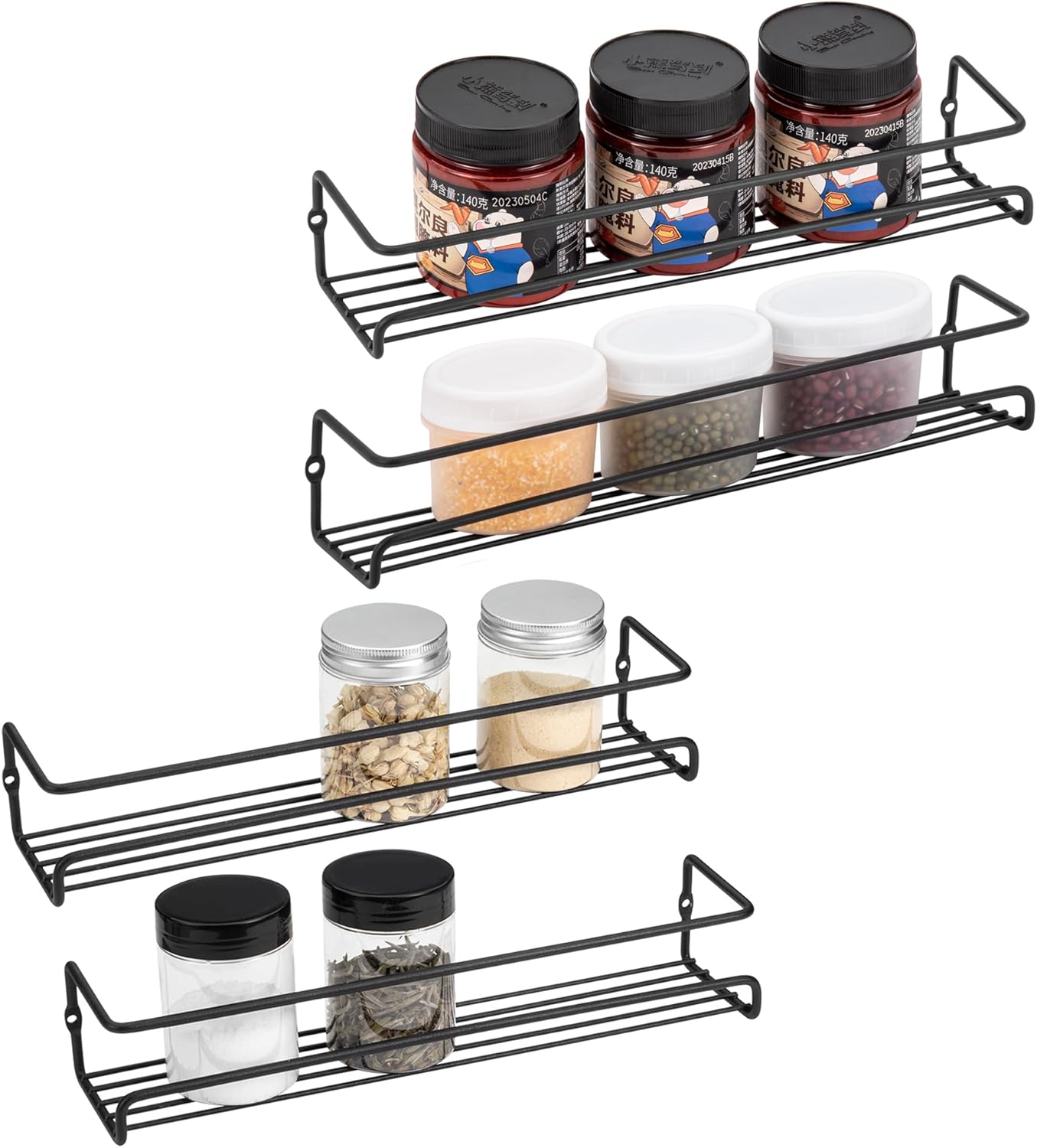 ROFAY 4 Pack Spice Rack Organiser, Wall Mounted Tier Shelf with Adhesive Sticker & Screws for Spices, Herbs, Jars