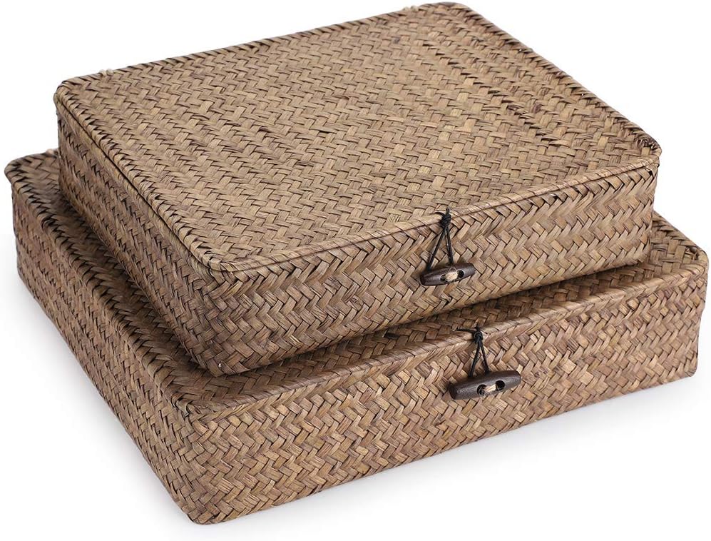 Hipiwe Set of 2 Flat Woven Wicker Storage Bins with Lid, Natural Seagrass Basket, Multipurpose Home Boxes for Shelf
