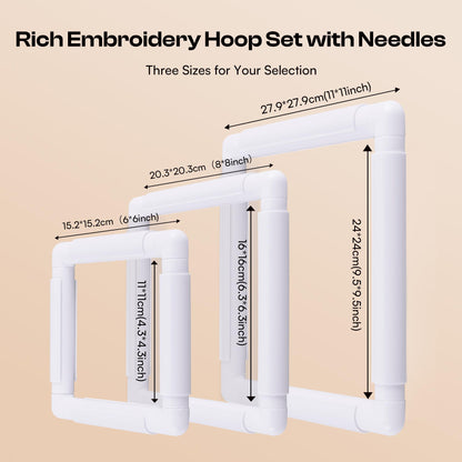 Caydo 3 PCS Square Embroidery Hoops, Plastic Cross Stitch Snap Frames with Sewing Needles for Quilting, Needlepoint & Silk-Painting 6 x 6, 8 x 8, 11 x 11 in(White)