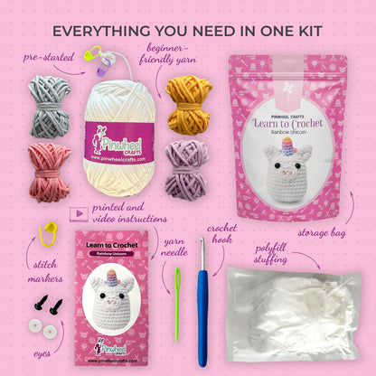 Pinwheel Crafts Easy Crochet Kit for Kids and Adults - Cute Unicorn Amigurumi Crochet Kit with Thicker Yarn, Hook, Needle and Step-by-Step Video Tutorials