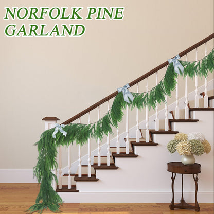 Norfolk Pine Garlands with Light String, 6Ft Artificial Soft Christmas Pine Garland, Green Real Touch Greenery Garland for Table, Mantle, Staires, Wall, Premium Indoor/Outdoor Christmas Decorations