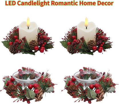 Regine Switzerland Candle Rings Set of 4 - Festive Wreaths with Red Berries & Pinecones for Holiday Decor