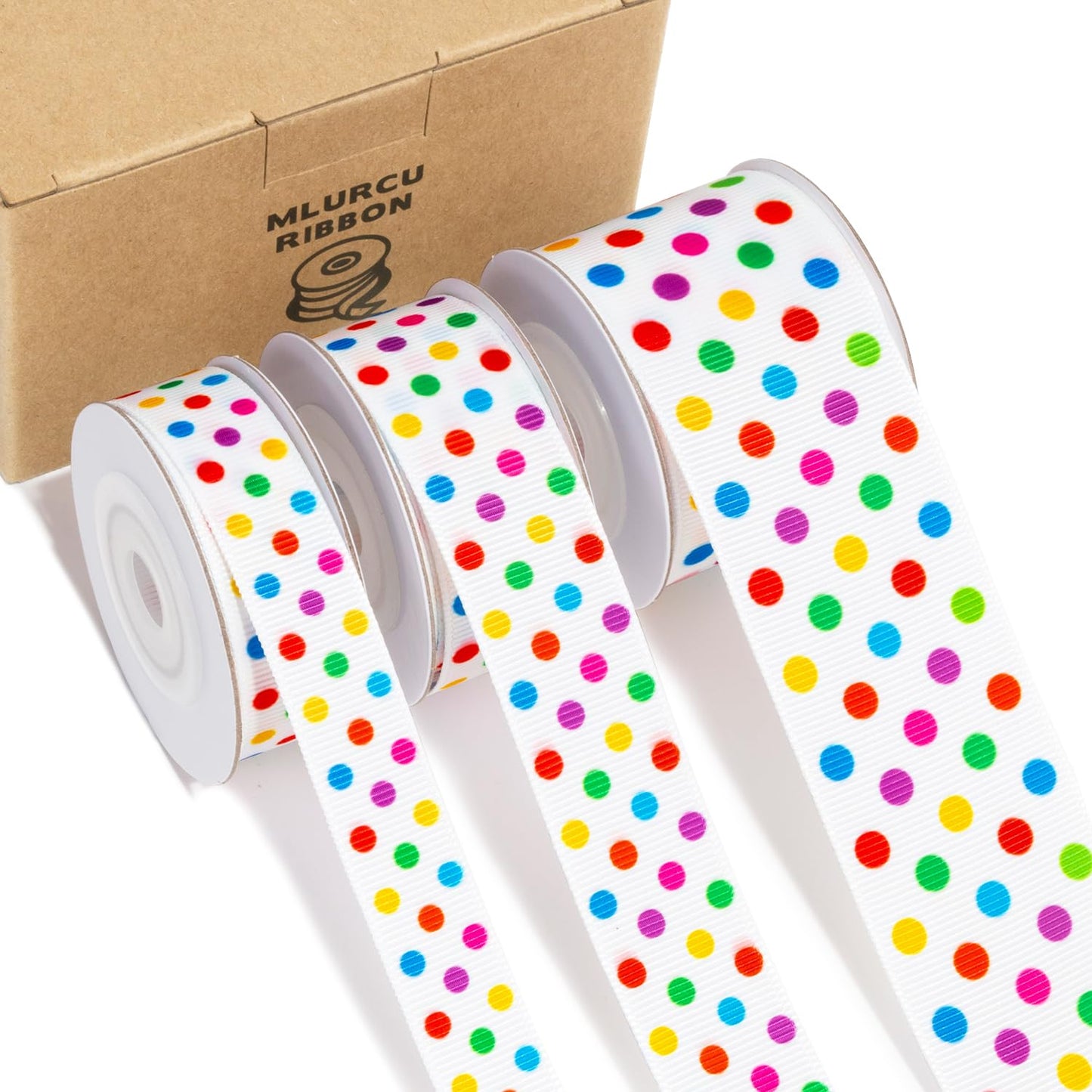 Polka Dot Ribbon Set 3 Rolls 5/8", 7/8", 1.5" Rainbow Colored Dot Grosgrain Ribbons for Gift Wrapping, Birthday Party, Baby Shower, Wreaths, Hair Bows, Banners, Candy Bags, DIY Crafts