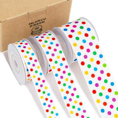 Polka Dot Ribbon Set 3 Rolls 5/8", 7/8", 1.5" Rainbow Colored Dot Grosgrain Ribbons for Gift Wrapping, Birthday Party, Baby Shower, Wreaths, Hair Bows, Banners, Candy Bags, DIY Crafts