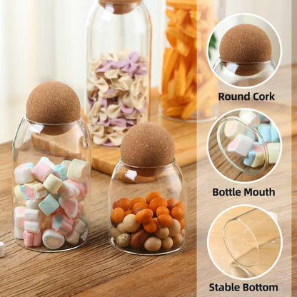 Glass Storage Jar with Ball Cork Lid, Clear Glass Canisters with Cork Ball,3Pcs High Borosilicate Glass Sealed Jar 16oz 26oz 36oz, Used for Storing Candies, Salt, Tea, Seasonings, Cookies, etc