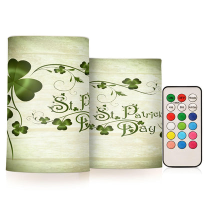 ALAZA Grunge St Patricks Day Clover Leaves Flickering Flameless Candles Battery Operated with Remote Timer,Tea Light Candles LED Pillar Votive Candles Set of 2 for Outdoor Indoor Decorations13