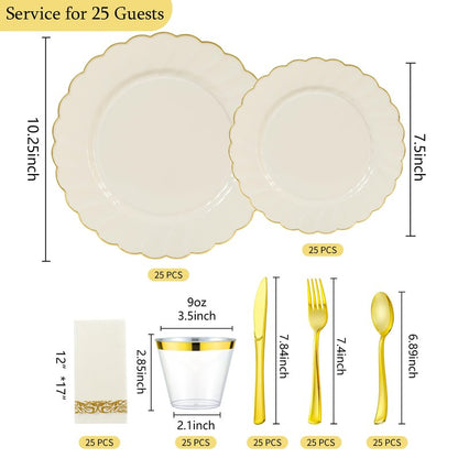ISFANGCO175PCS Ivory Fancy Disposable Dinnerware Set-Ivory Scalloped Plastic Plates with Gold Rim -25 Dinner&25Dessert Plates, 75 Silverware Set, 25 Napkins and 25 Cups（25 Guests）
