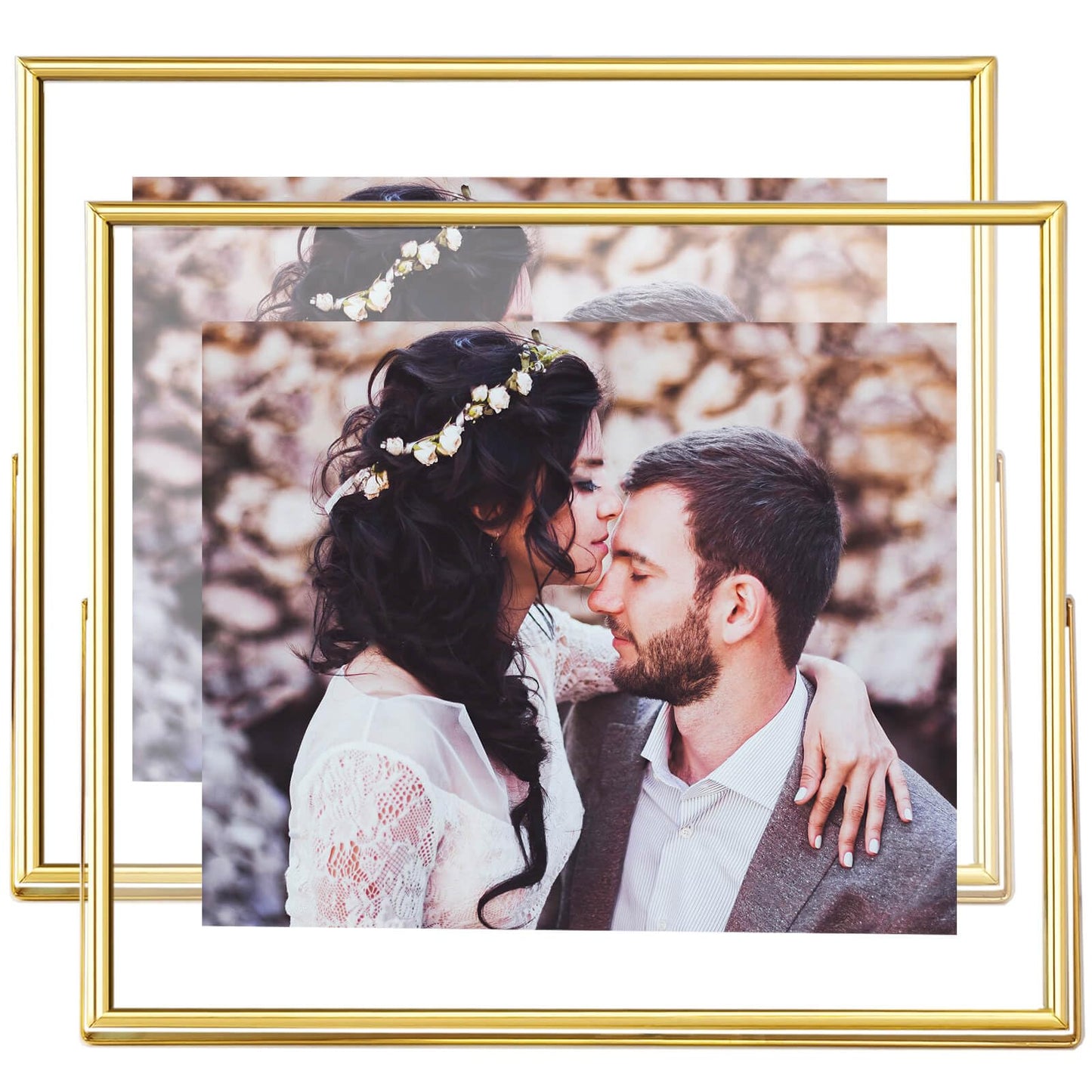 CROXXID 8x10 Floating Picture Frames Set of 2, Made of Metal and Double Real Glass, for Photo Size up to 10x12, Tabletop Display Home or Wedding Decoration (Horizontal Gold)