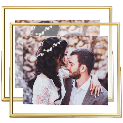 CROXXID 8x10 Floating Picture Frames Set of 2, Made of Metal and Double Real Glass, for Photo Size up to 10x12, Tabletop Display Home or Wedding Decoration (Horizontal Gold)