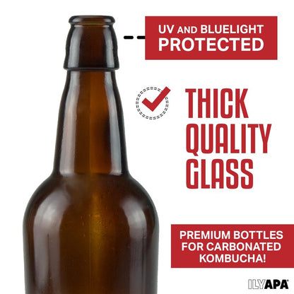 Ilyapa 16 Ounce Amber Swing Top Glass Bottles - 12 Pack Flip Top with Airtight Lid, for Home Brewing - Kombucha, Soda, Coquito, Kefir, Juice