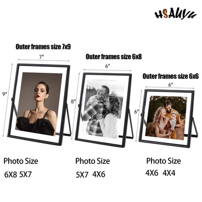 HSAUYU Glass Picture Frame Set of 3, Black Simple Metal Geometric Photo Frame with Glass Cover Includes 5x7, 4x6, 4x4 - Tabletop Floating Picture Frames for Home Decoration, Gift for Father's Day