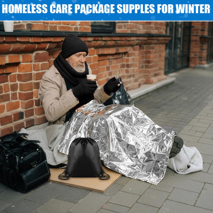 Jamntower 144 Pcs Homeless Care Supplies Bulk Emergency Blanket Beanies Hat Scarf Winter Touchscreen Gloves Thermal Socks Drawstring Bag for Cold Weather Outdoor Camping Hiking Survival (Multicolor)