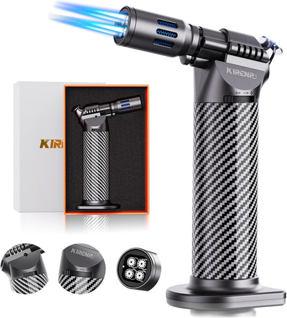 Quad Torch Lighter with Adjustable Flame, Refillable Windproof Blow Torch for Kitchen Cooking and BBQ