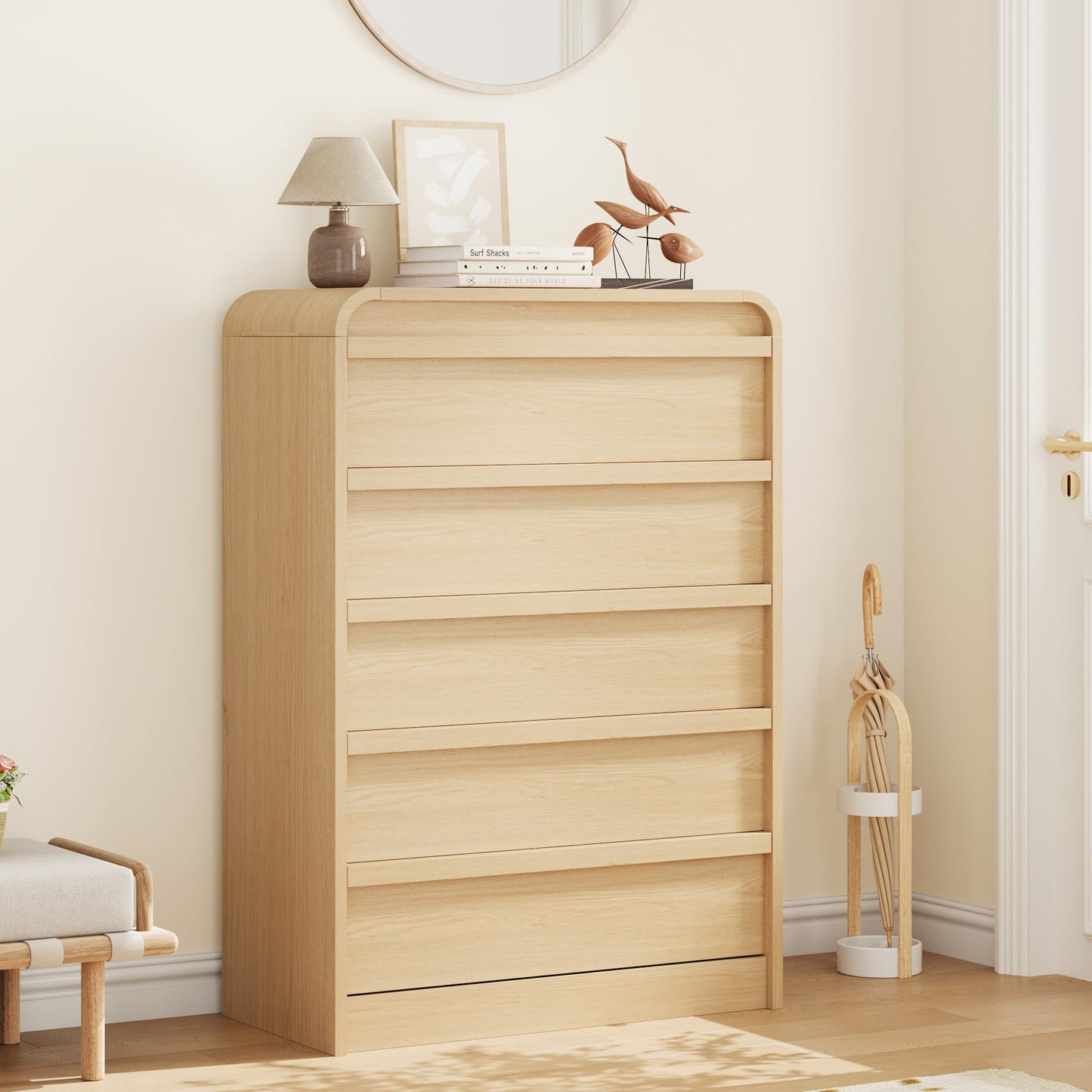 Garvee 5 Drawer Dresser for Bedroom, 45" Tall Wooden Dressers with Curved Profile Design, Mid Century Chest of Drawers Closet Clothes Storage Organizer for Living Room, Entryway, Nursery, Natural