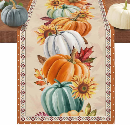 LooPoP 13x120 Inches Thanksgiving Fall Pumpkin Table Runners Maple Leaf Orange Lattice Long Washable Table Runner