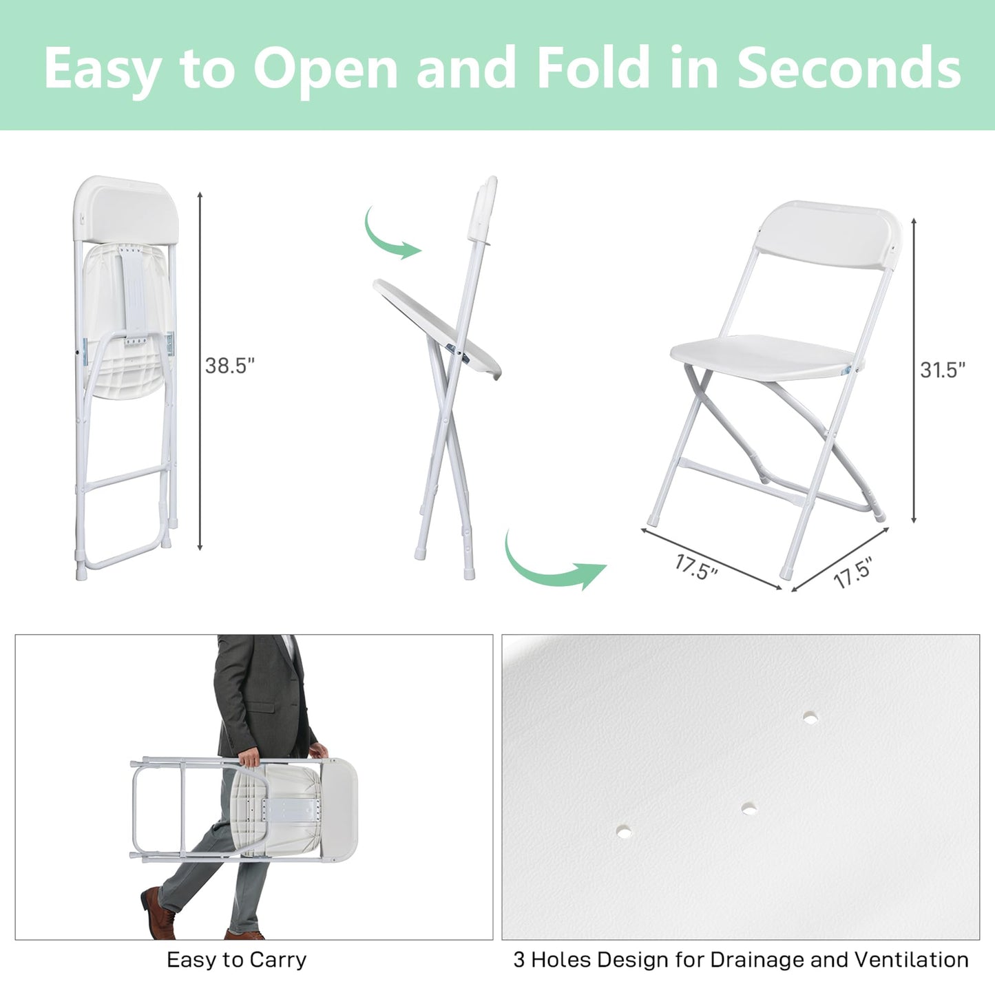 OLLODOT 50 Pack White Folding Chairs with 350-LBS Capacity, Lightweight Portable Indoor Outdoor Chairs, Stackable Commercial Seat with Steel Frame for Office, Party, Events, Wedding, Kitchen &Dinning
