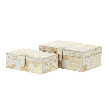Deco 79 Leather Handmade Decorative Box Decorative Keepsake Boxes with Gold Foil Paint, Set of 2 Storage Boxes 8", 10"W, Gold