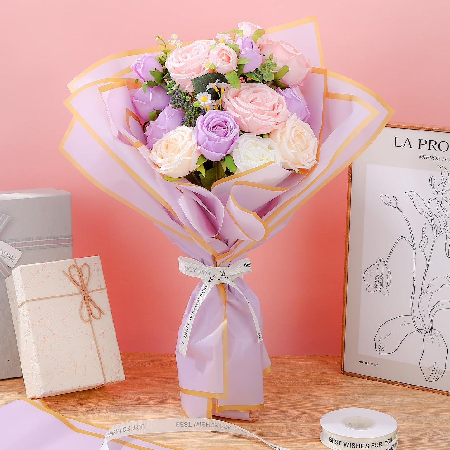 Ovveroche DIY Purple Flower Bouquet Set Artificial Preserved Roses with Eucalyptus Lavender White Roses Perfect for Wedding Birthday Valentine's Day Party Decoration