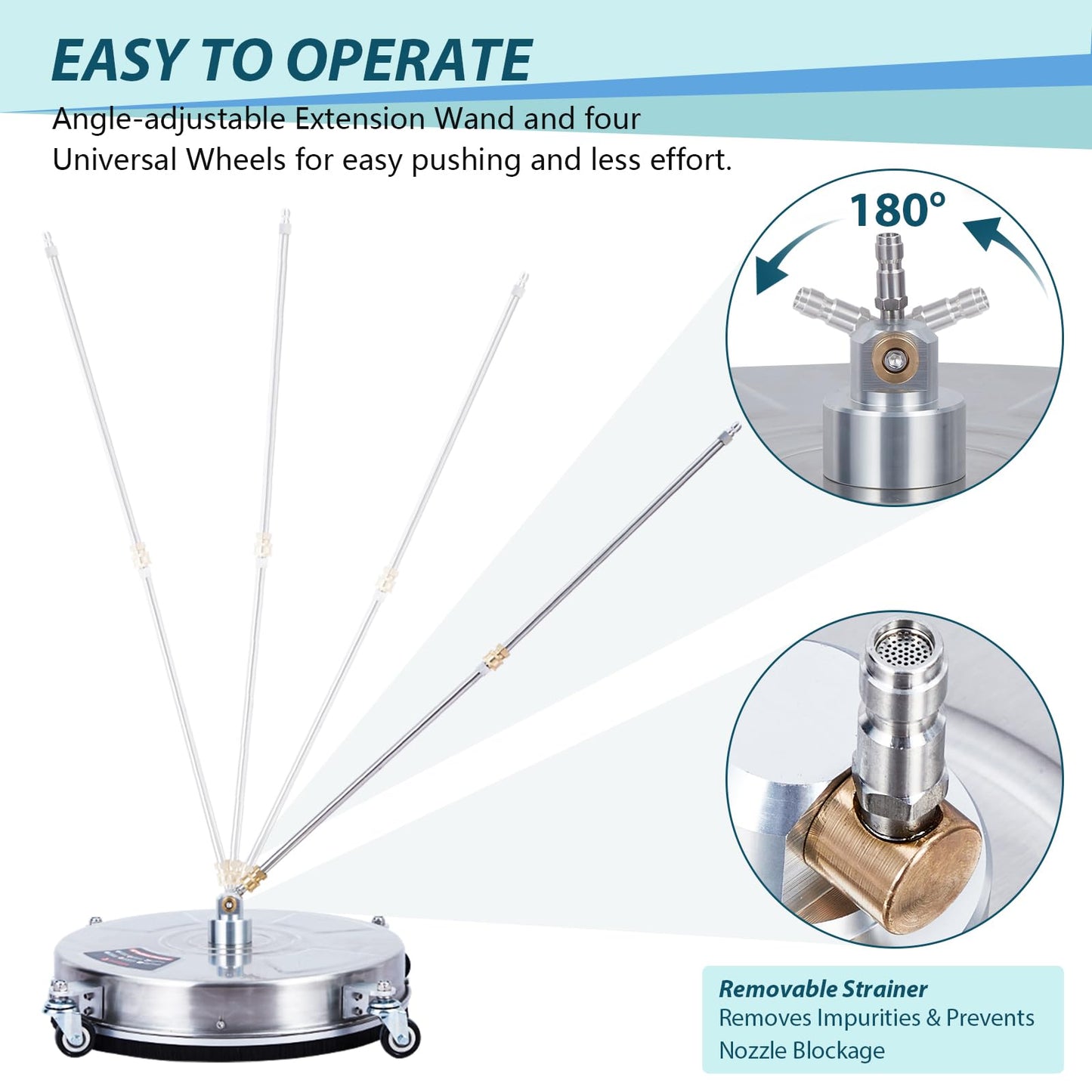 Pressure Washer Surface Cleaner w/Handles & Wheels, Stainless Steel Concrete Cleaner 4000 Max PSI, 3/8" Connector & 1/4" Adapter Power Washer Floor Attachment for Driveways, Sidewalks,Patios,Deck