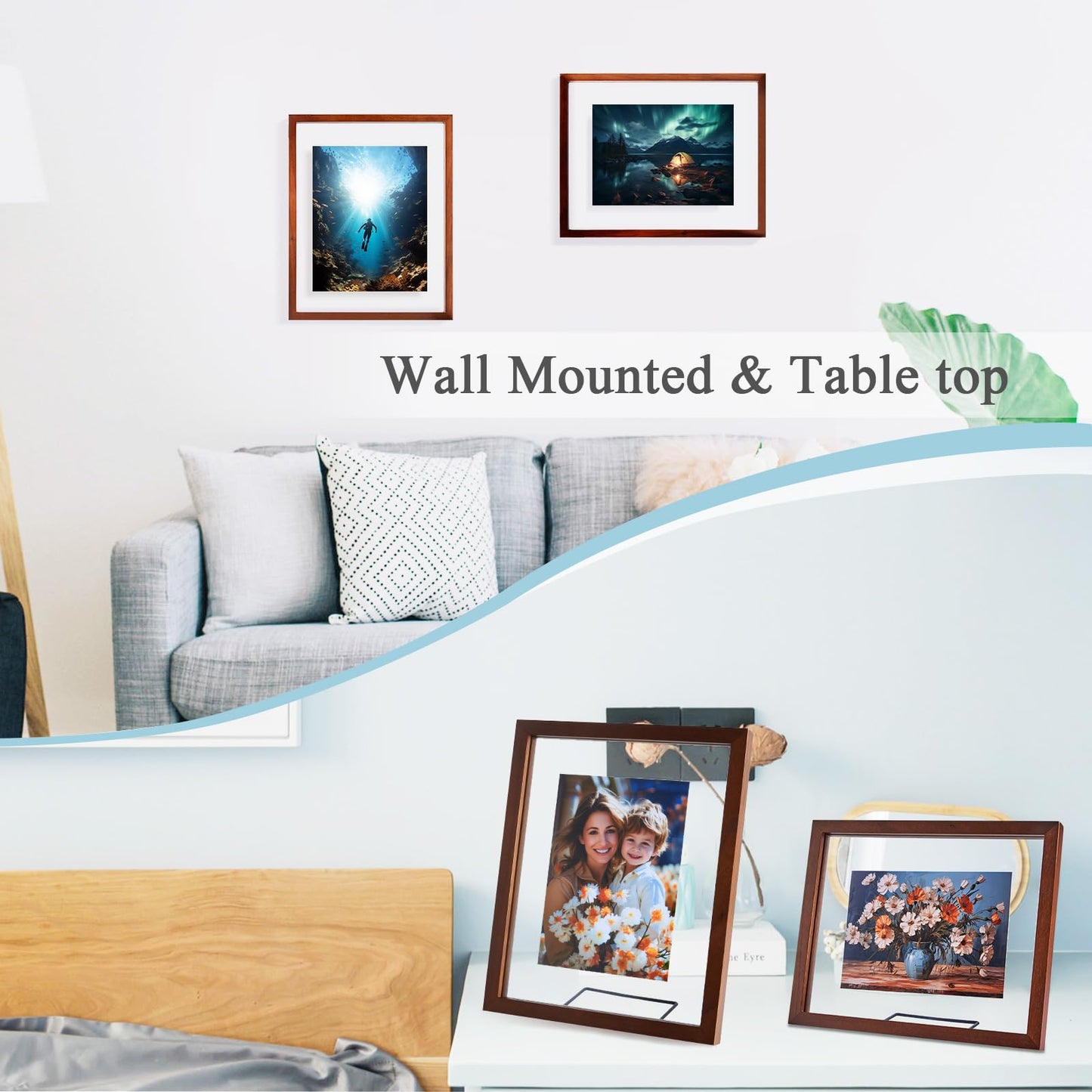 DLQuarts 8x10 Floating Photo Picture Frame, Floating Display 6x8, 5x7,or Full Display 8x10 Photos, Solid Wood, Double Glass, 2 Pack, Retro Walnut